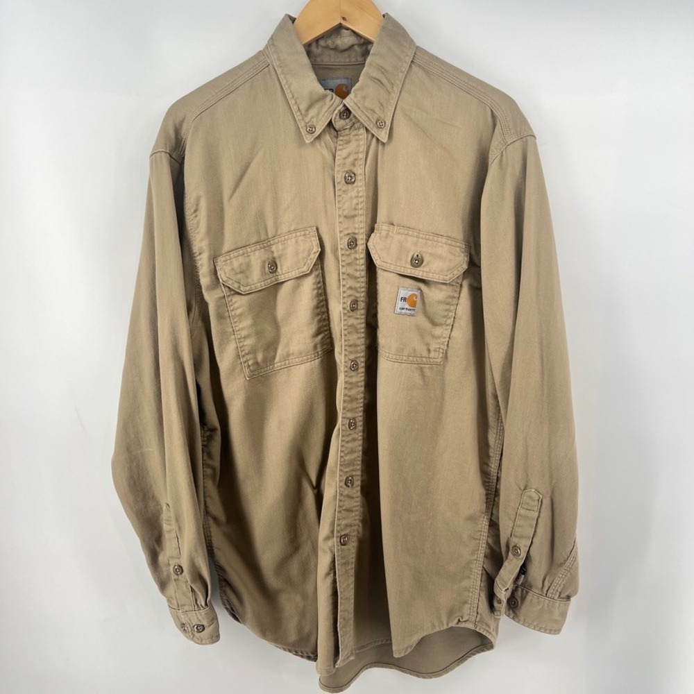 Carhartt Mens Large Flame Resistant Khaki Button Down Shirt FRS003 KHI